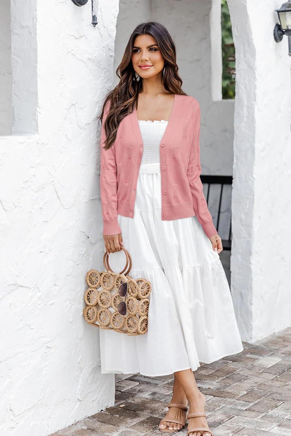 imageArachampampCloz Womens Soft Cropped Cardigan Casual Lightweight Shrug Sweater TopsPink