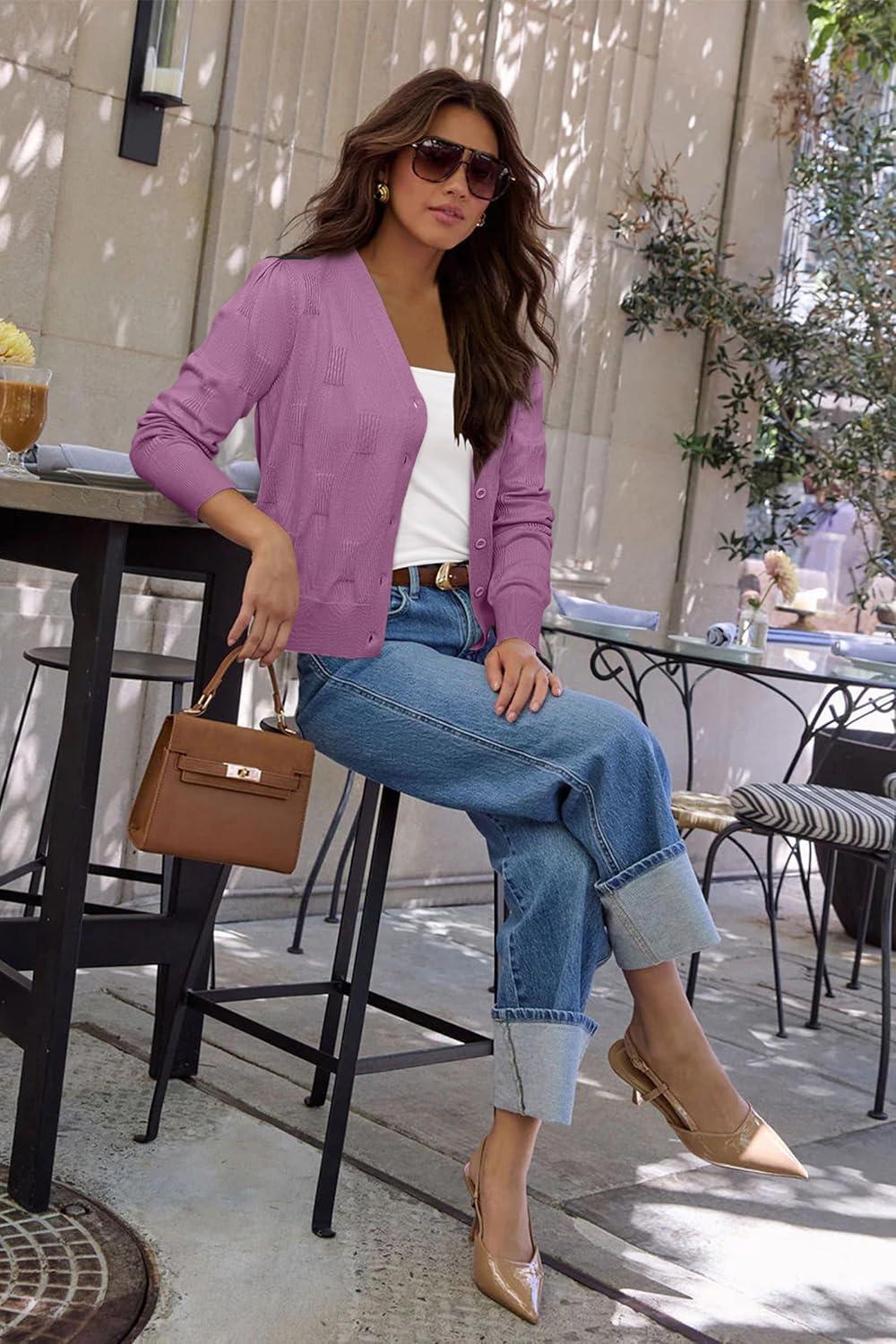 imageArachampampCloz Womens Soft Cropped Cardigan Casual Lightweight Shrug Sweater TopsPurple