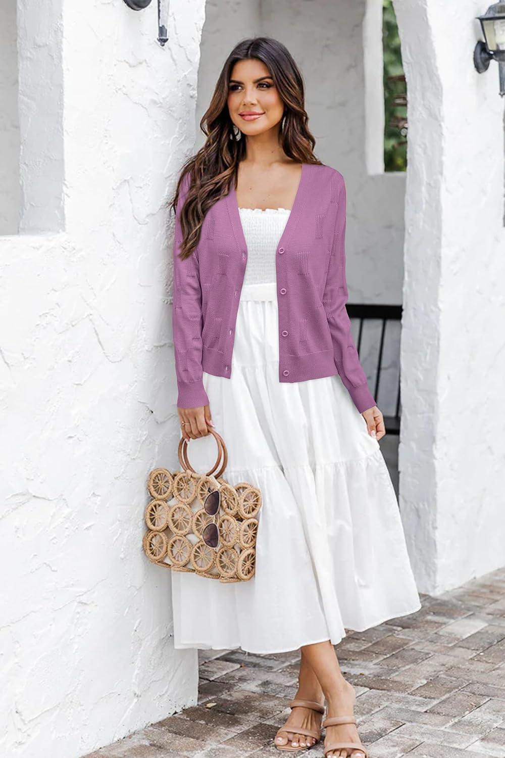 imageArachampampCloz Womens Soft Cropped Cardigan Casual Lightweight Shrug Sweater TopsPurple