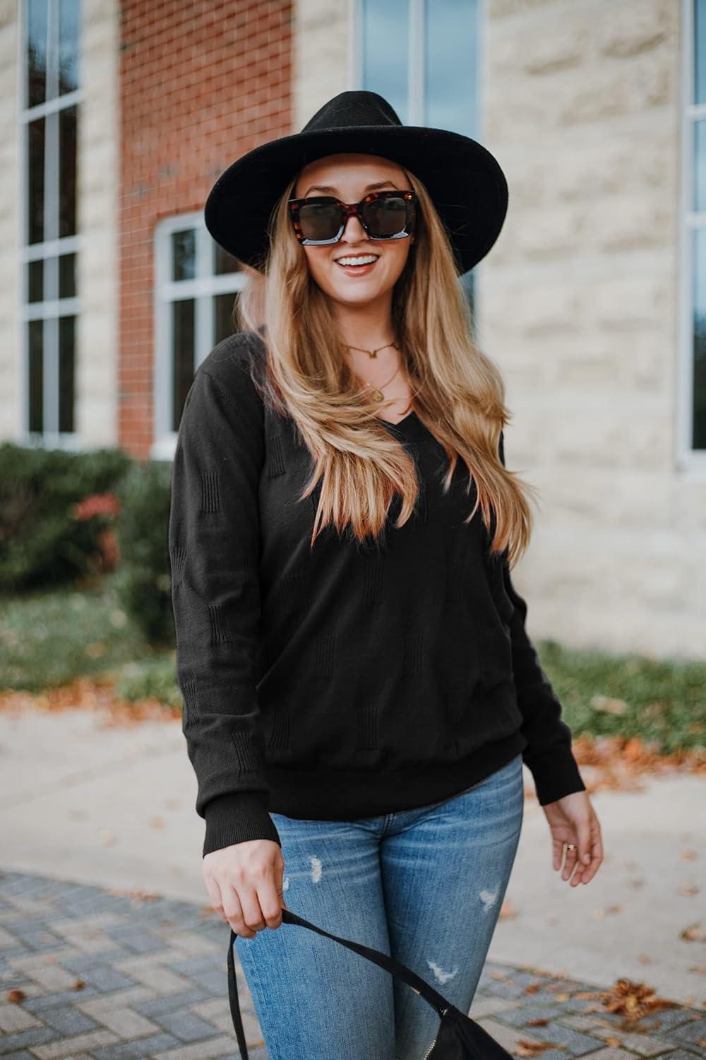 imageArachampampCloz Womens Soft V Neck Long Sleeve Fall Casual Regular Fit Sweater TopsBlack