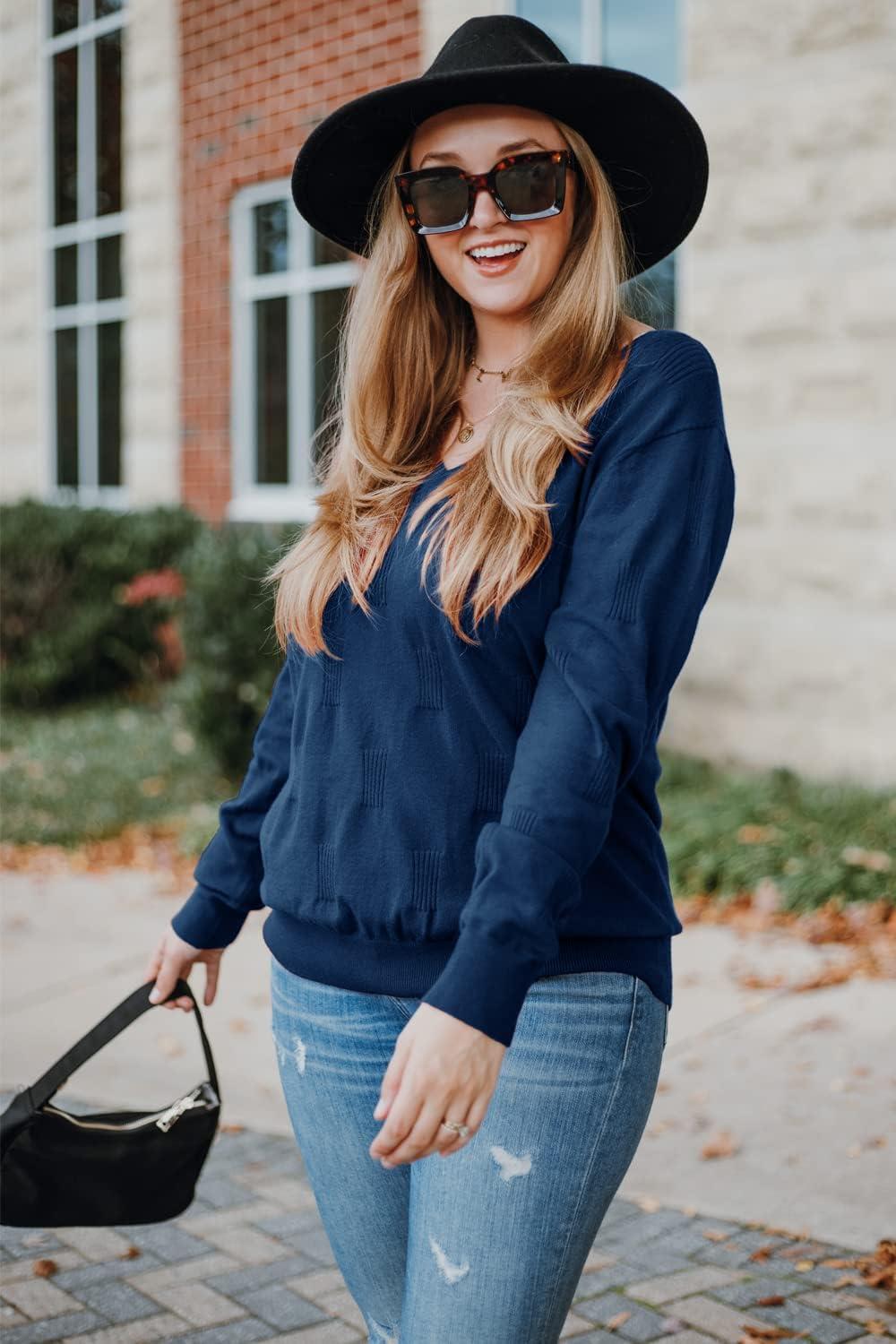 imageArachampampCloz Womens Soft V Neck Long Sleeve Fall Casual Regular Fit Sweater TopsBlue