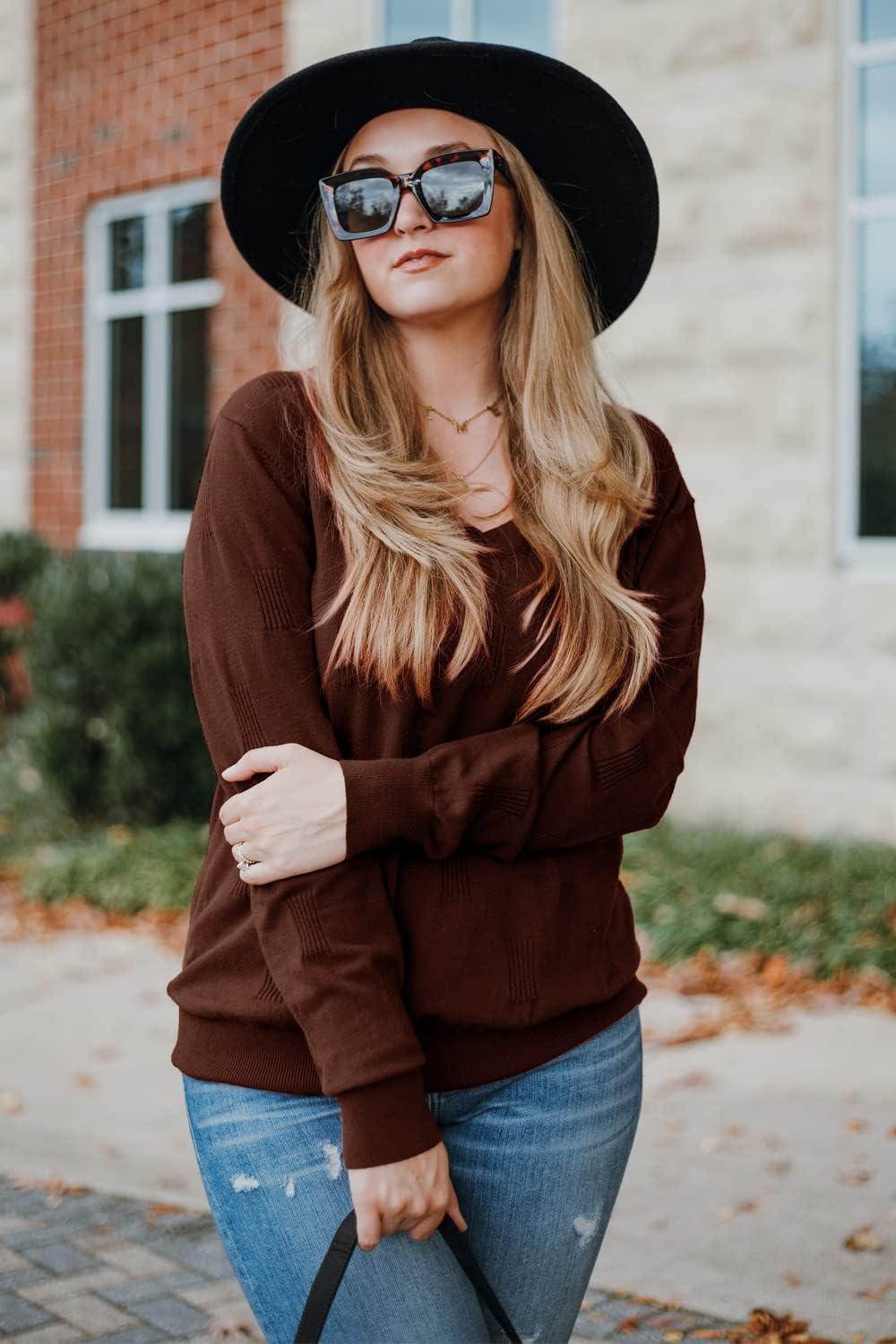 imageArachampampCloz Womens Soft V Neck Long Sleeve Fall Casual Regular Fit Sweater TopsBrown