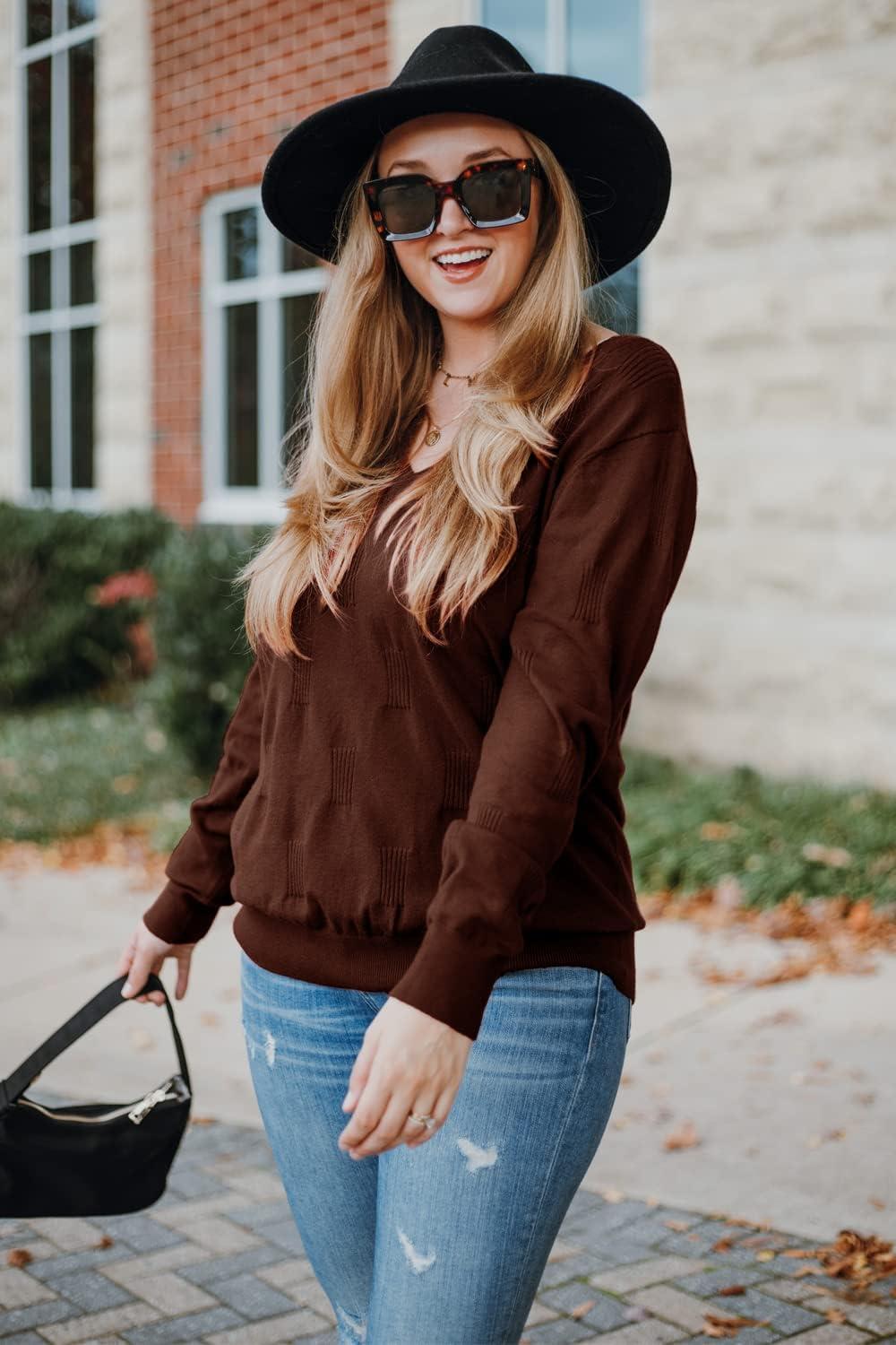 imageArachampampCloz Womens Soft V Neck Long Sleeve Fall Casual Regular Fit Sweater TopsBrown