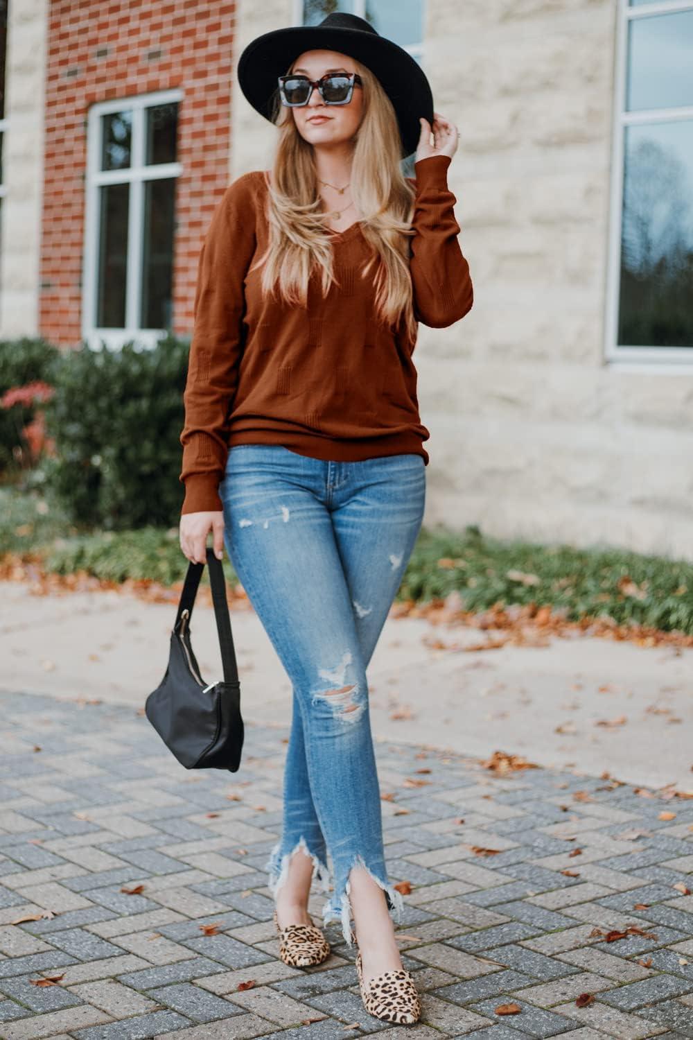 imageArachampampCloz Womens Soft V Neck Long Sleeve Fall Casual Regular Fit Sweater TopsCaramel