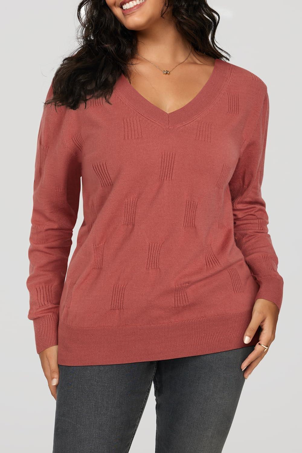 imageArachampampCloz Womens Soft V Neck Long Sleeve Fall Casual Regular Fit Sweater TopsCoral Red