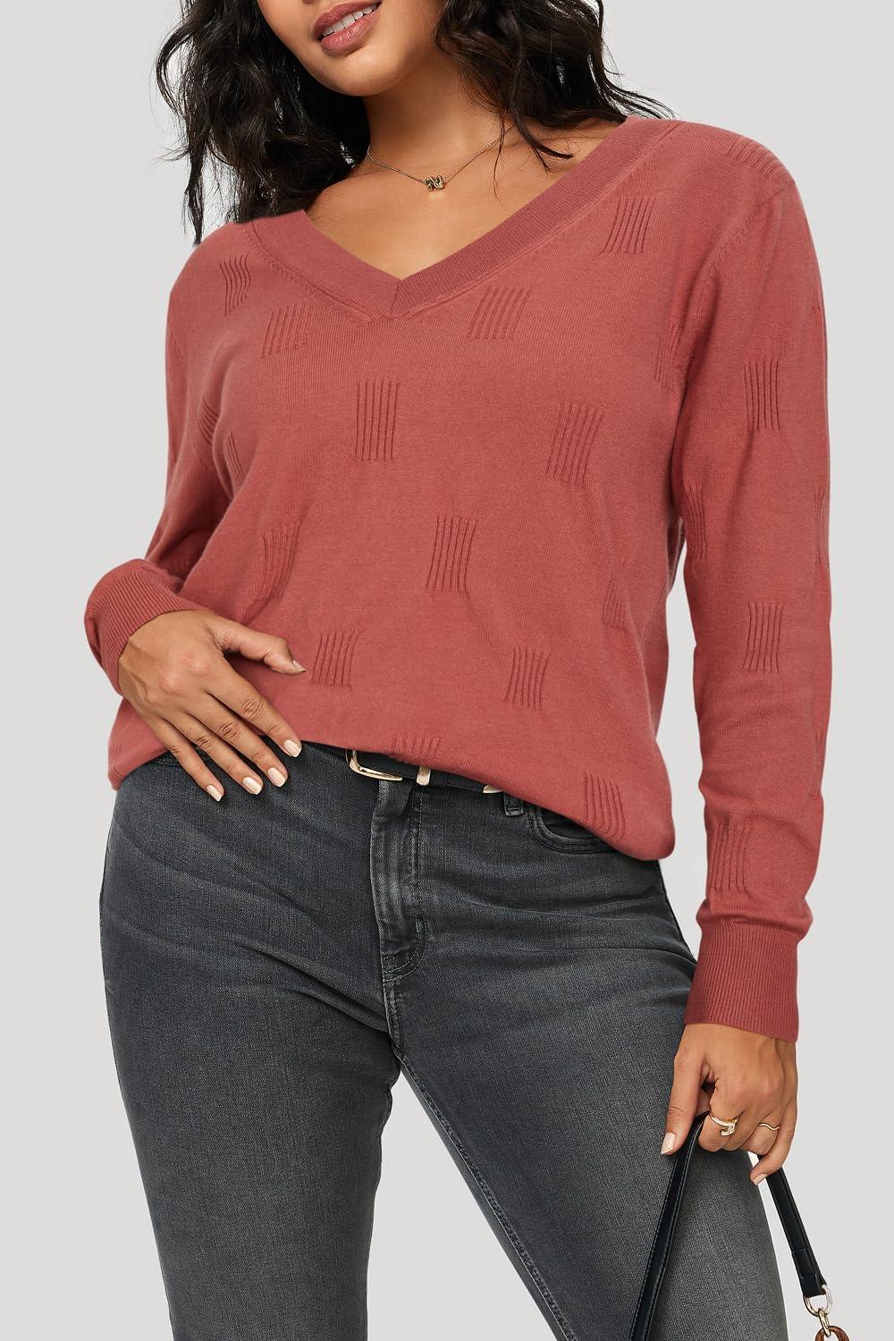 imageArachampampCloz Womens Soft V Neck Long Sleeve Fall Casual Regular Fit Sweater TopsCoral Red