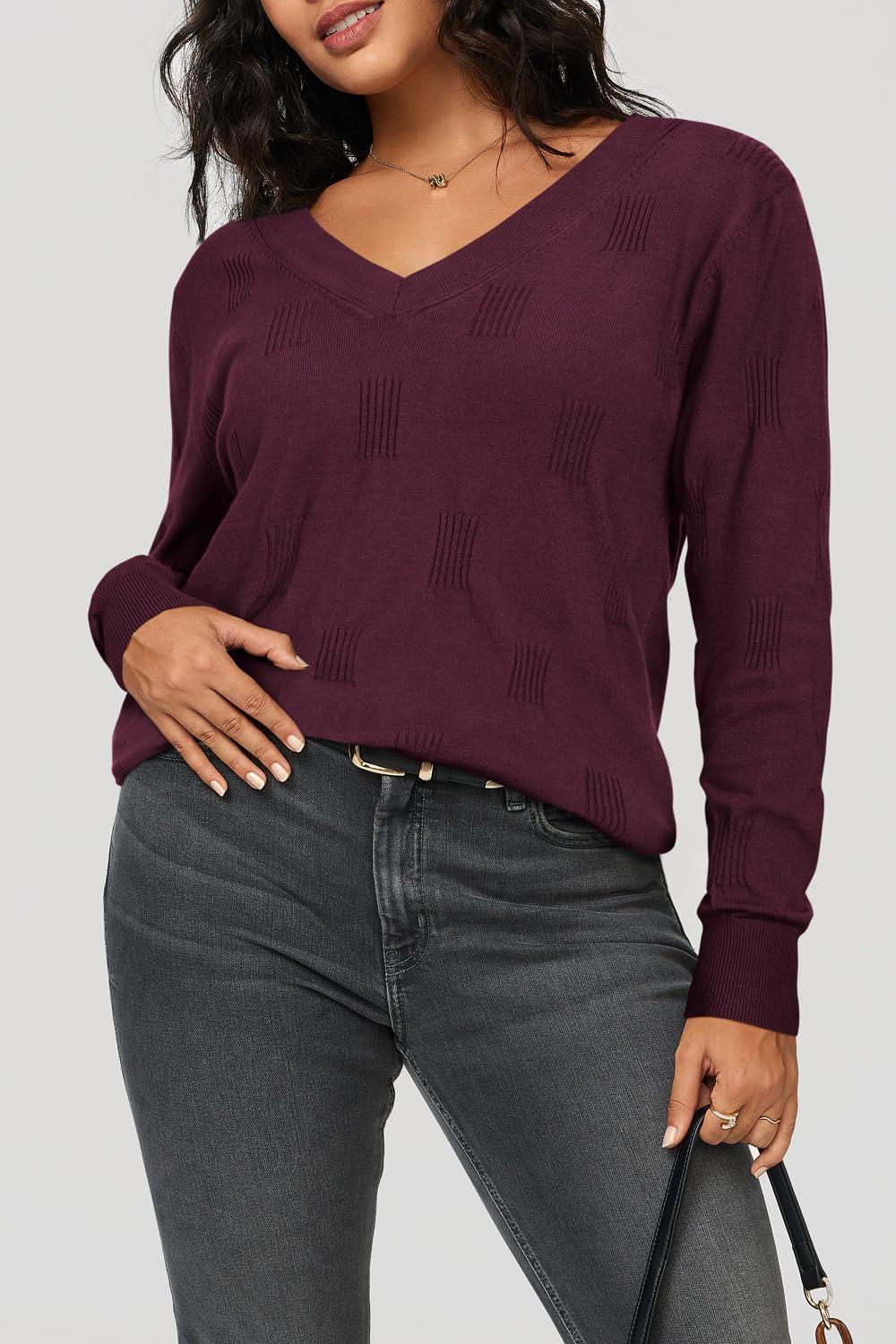 imageArachampampCloz Womens Soft V Neck Long Sleeve Fall Casual Regular Fit Sweater TopsDark Purplish Red
