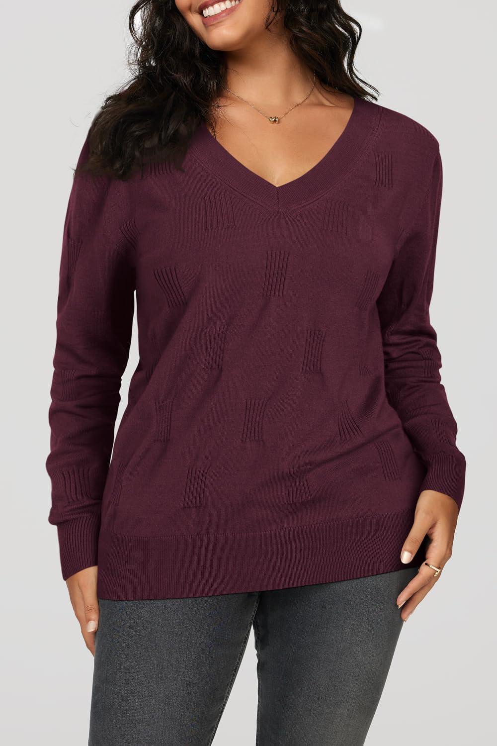 imageArachampampCloz Womens Soft V Neck Long Sleeve Fall Casual Regular Fit Sweater TopsDark Purplish Red