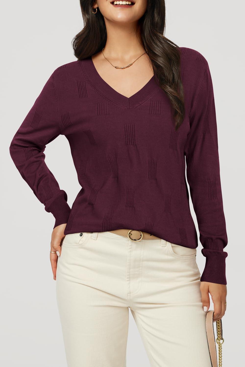 imageArachampampCloz Womens Soft V Neck Long Sleeve Fall Casual Regular Fit Sweater TopsDark Purplish Red