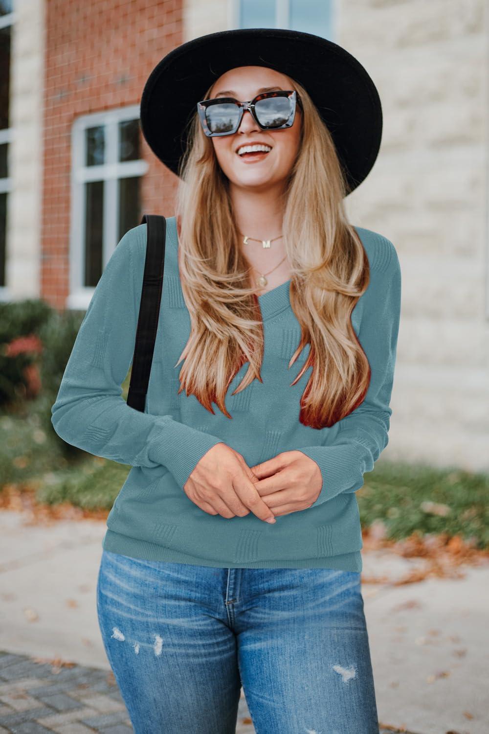 imageArachampampCloz Womens Soft V Neck Long Sleeve Fall Casual Regular Fit Sweater TopsDusty Blue