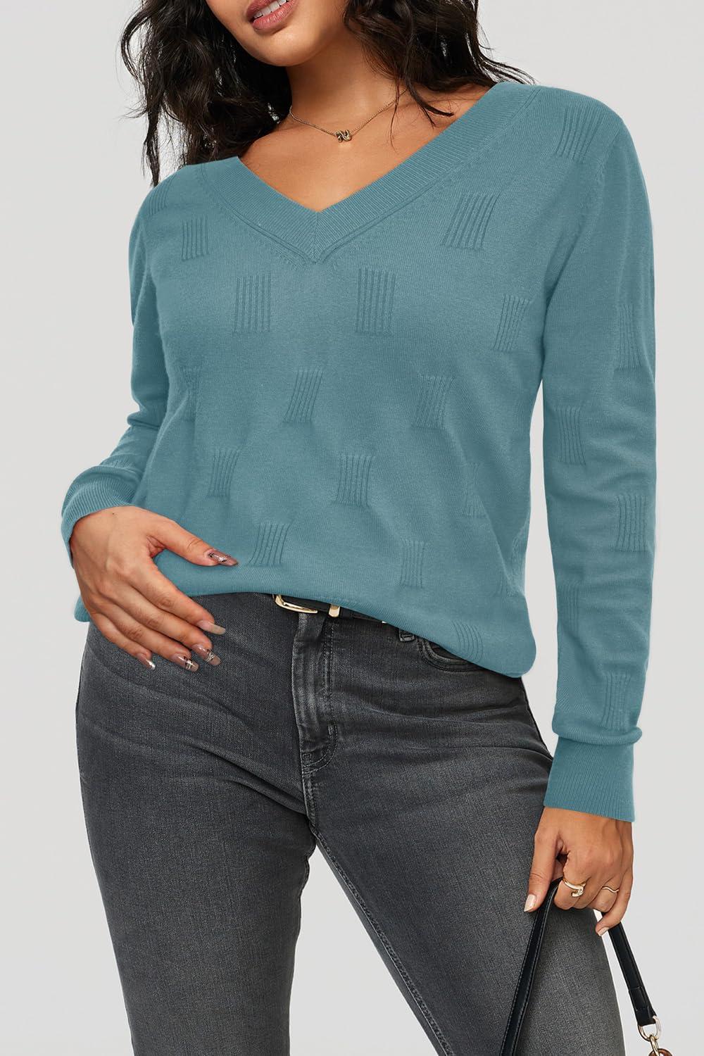 imageArachampampCloz Womens Soft V Neck Long Sleeve Fall Casual Regular Fit Sweater TopsDusty Blue