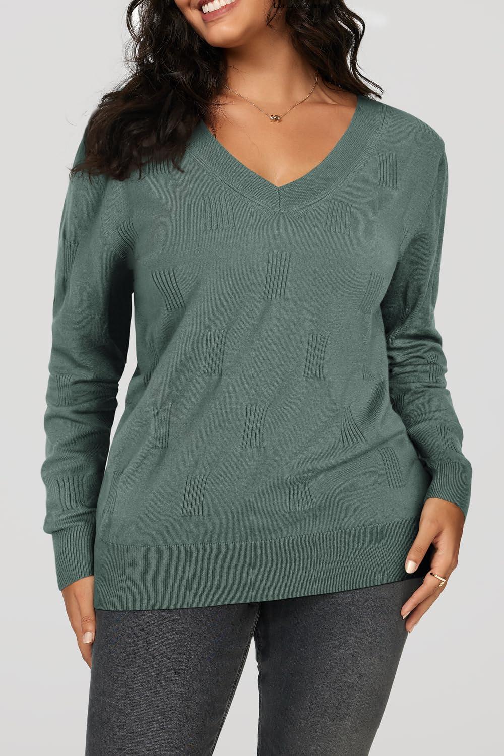 imageArachampampCloz Womens Soft V Neck Long Sleeve Fall Casual Regular Fit Sweater TopsGrey Green