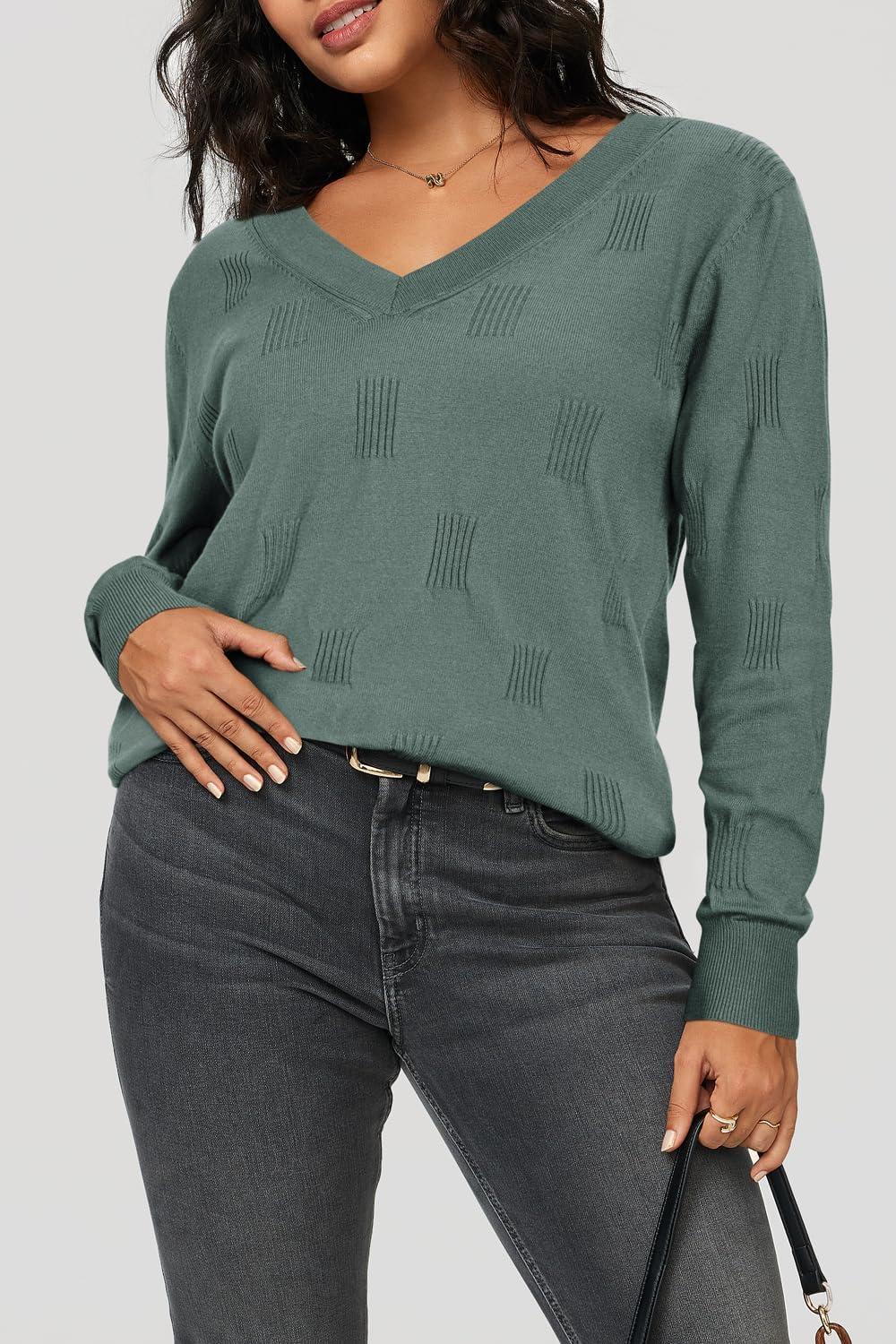 imageArachampampCloz Womens Soft V Neck Long Sleeve Fall Casual Regular Fit Sweater TopsGrey Green