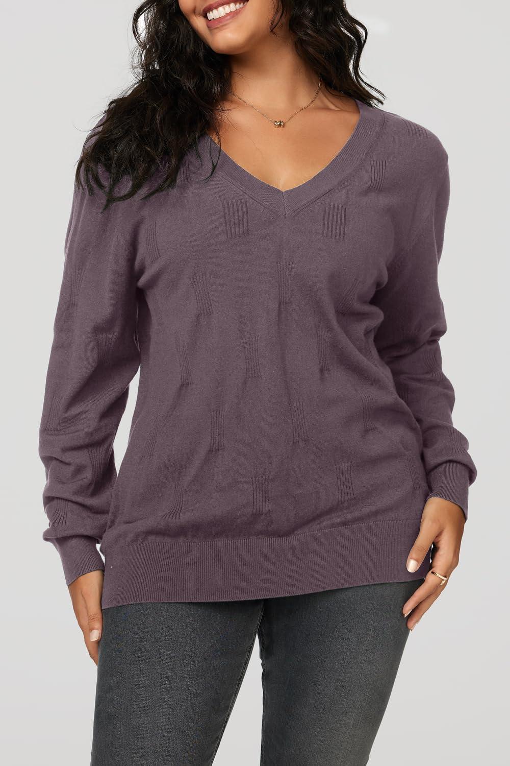 imageArachampampCloz Womens Soft V Neck Long Sleeve Fall Casual Regular Fit Sweater TopsGrey Purple