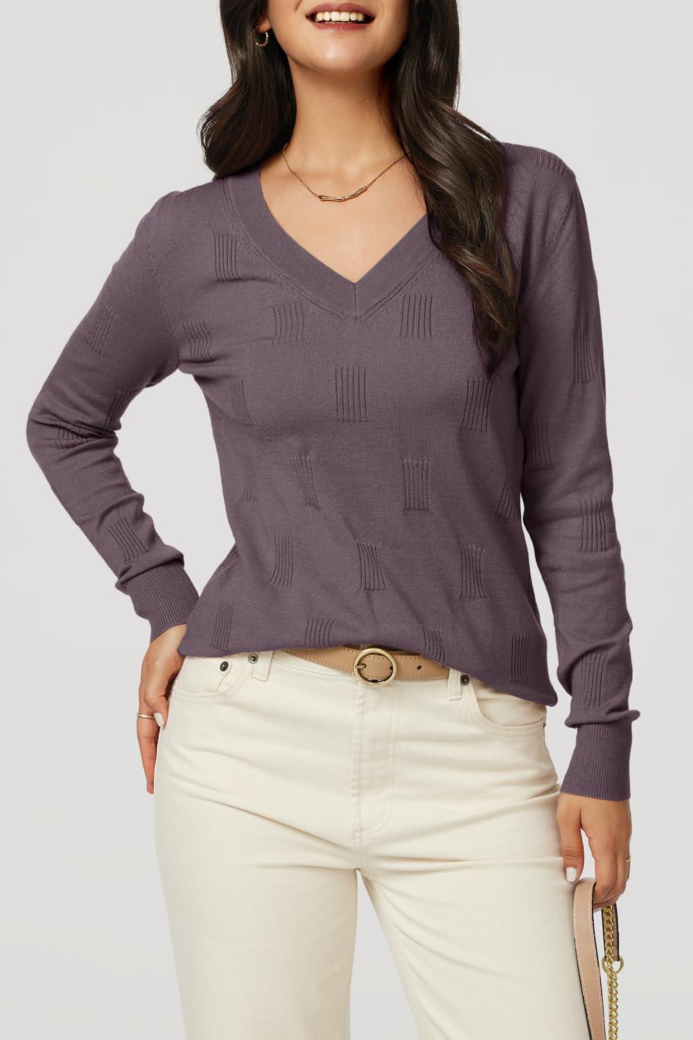 imageArachampampCloz Womens Soft V Neck Long Sleeve Fall Casual Regular Fit Sweater TopsGrey Purple