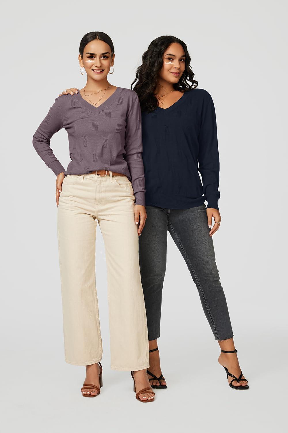 imageArachampampCloz Womens Soft V Neck Long Sleeve Fall Casual Regular Fit Sweater TopsGrey Purple