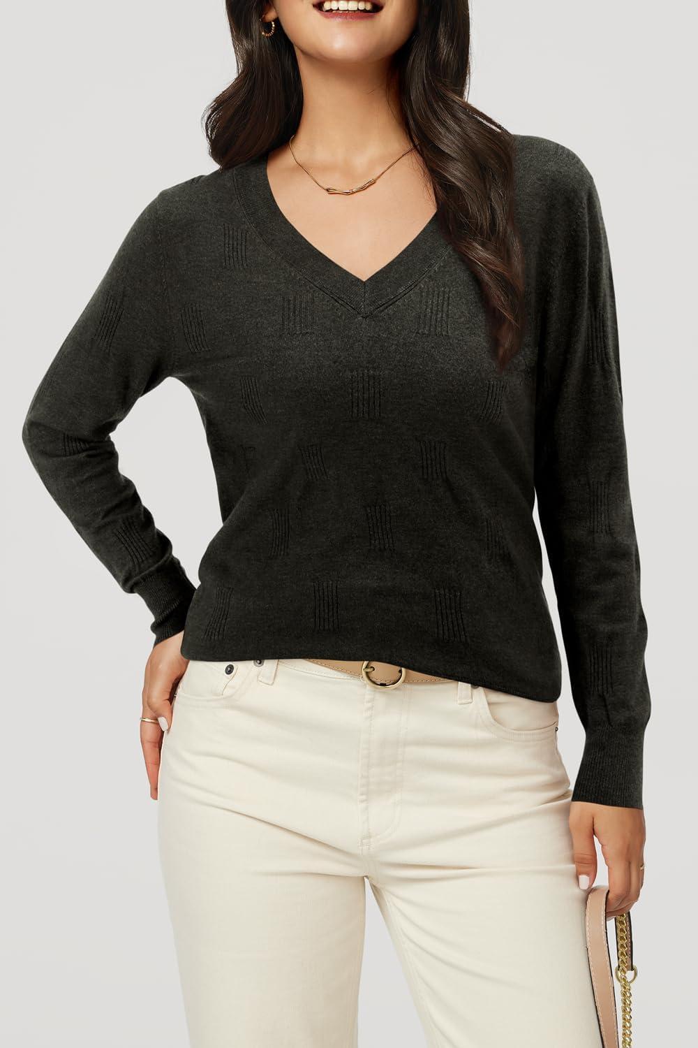 imageArachampampCloz Womens Soft V Neck Long Sleeve Fall Casual Regular Fit Sweater TopsHeather Black