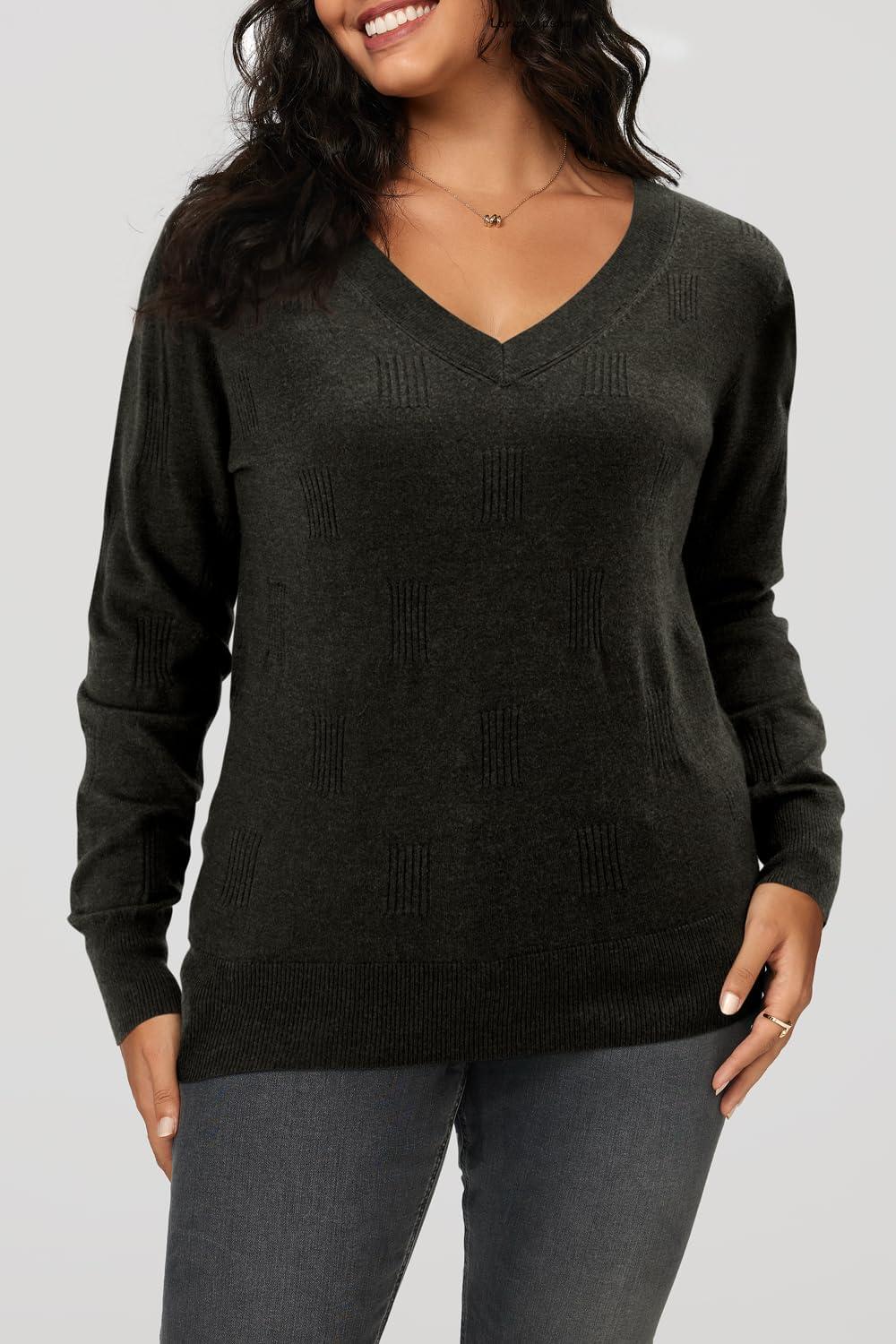 imageArachampampCloz Womens Soft V Neck Long Sleeve Fall Casual Regular Fit Sweater TopsHeather Black