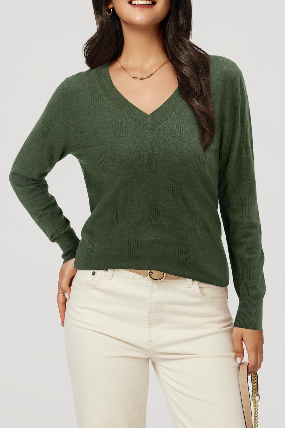 imageArachampampCloz Womens Soft V Neck Long Sleeve Fall Casual Regular Fit Sweater TopsHeather Green