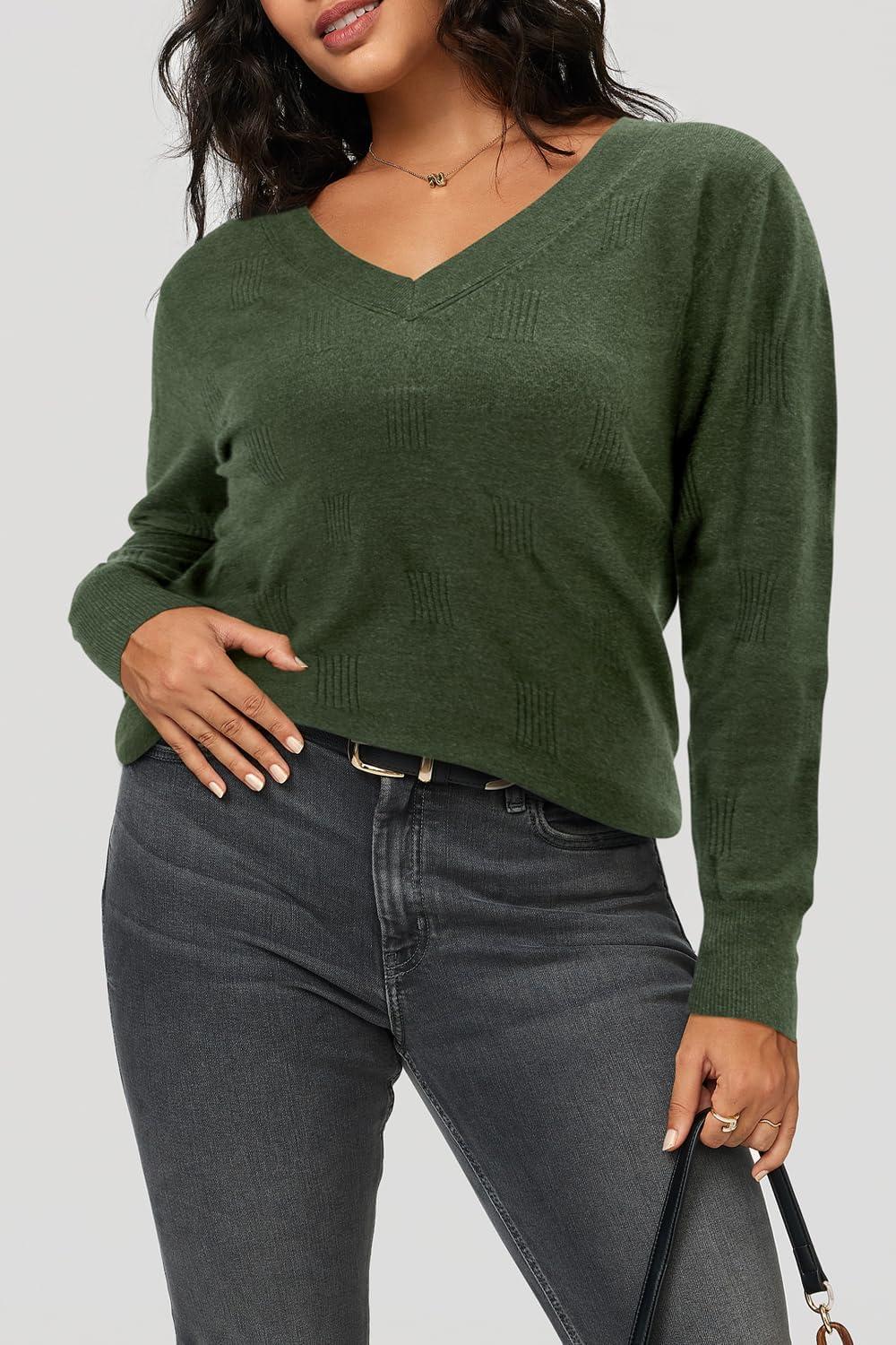 imageArachampampCloz Womens Soft V Neck Long Sleeve Fall Casual Regular Fit Sweater TopsHeather Green