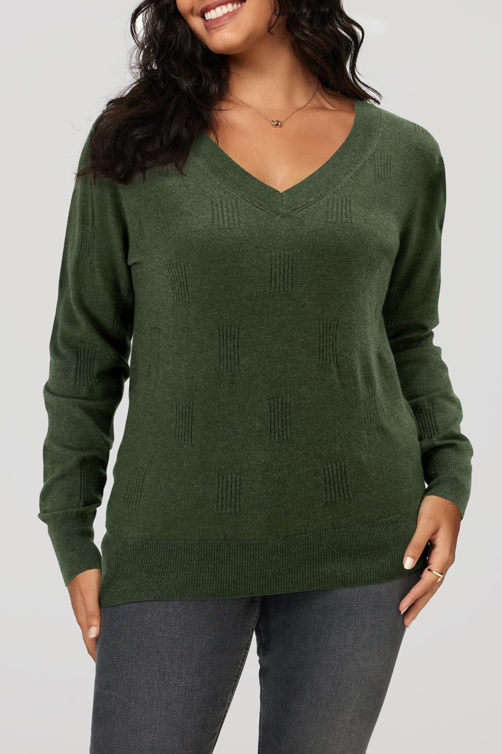 imageArachampampCloz Womens Soft V Neck Long Sleeve Fall Casual Regular Fit Sweater TopsHeather Green