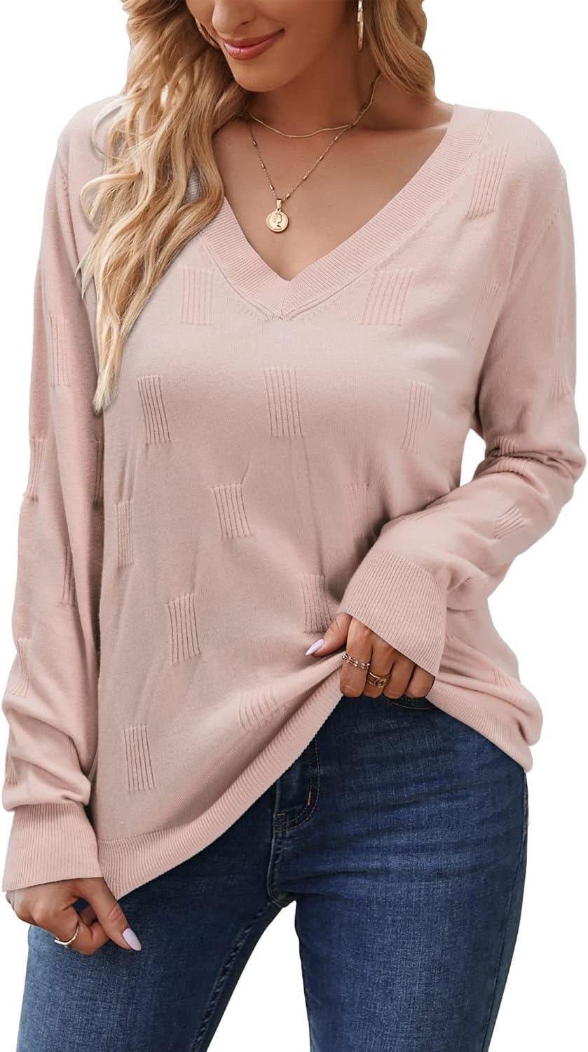 imageArachampampCloz Womens Soft V Neck Long Sleeve Fall Casual Regular Fit Sweater TopsLight Pink02