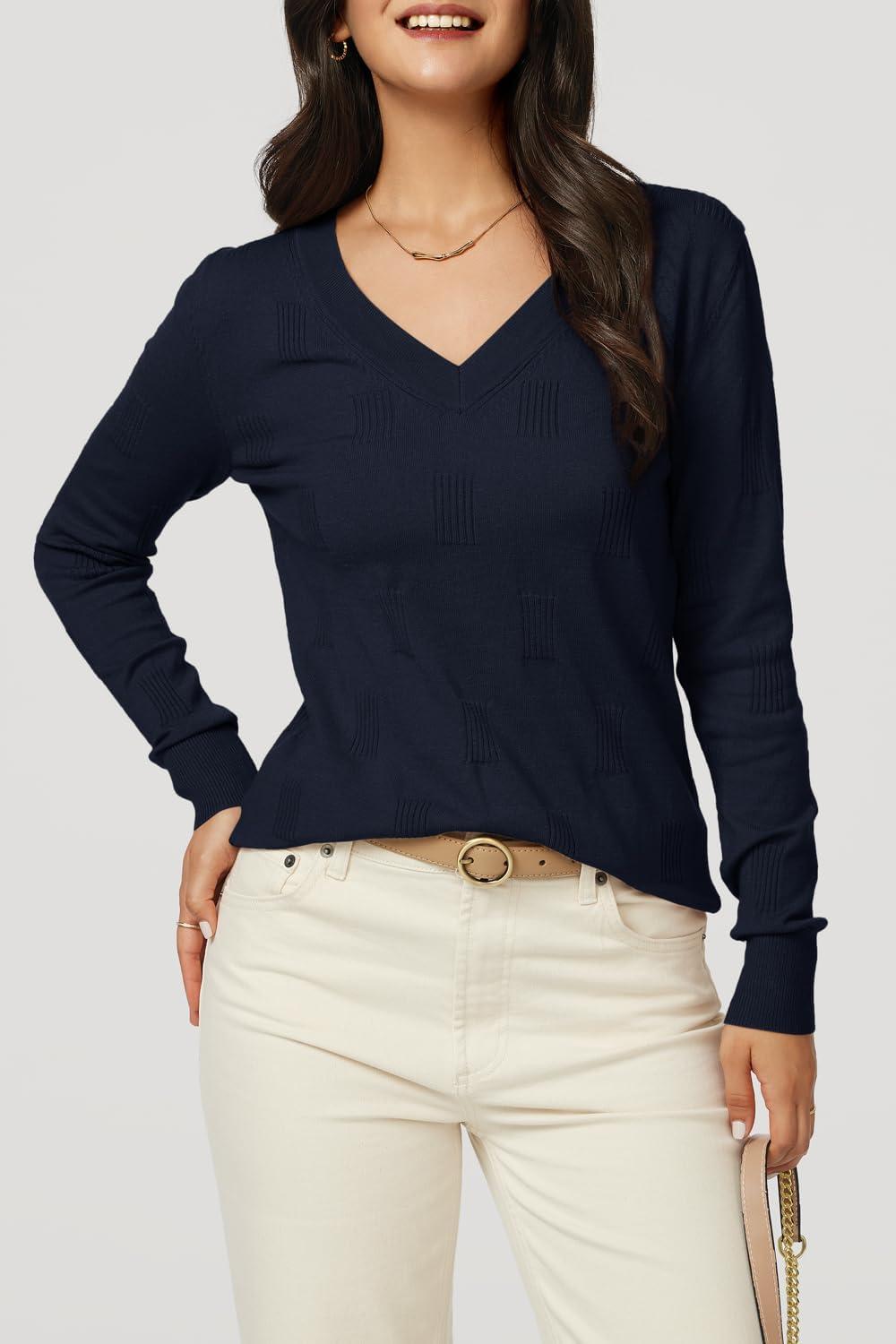 imageArachampampCloz Womens Soft V Neck Long Sleeve Fall Casual Regular Fit Sweater TopsNavy