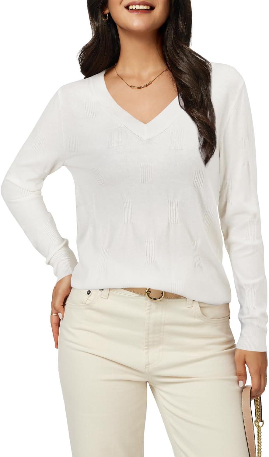 imageArachampampCloz Womens Soft V Neck Long Sleeve Fall Casual Regular Fit Sweater TopsOffwhite