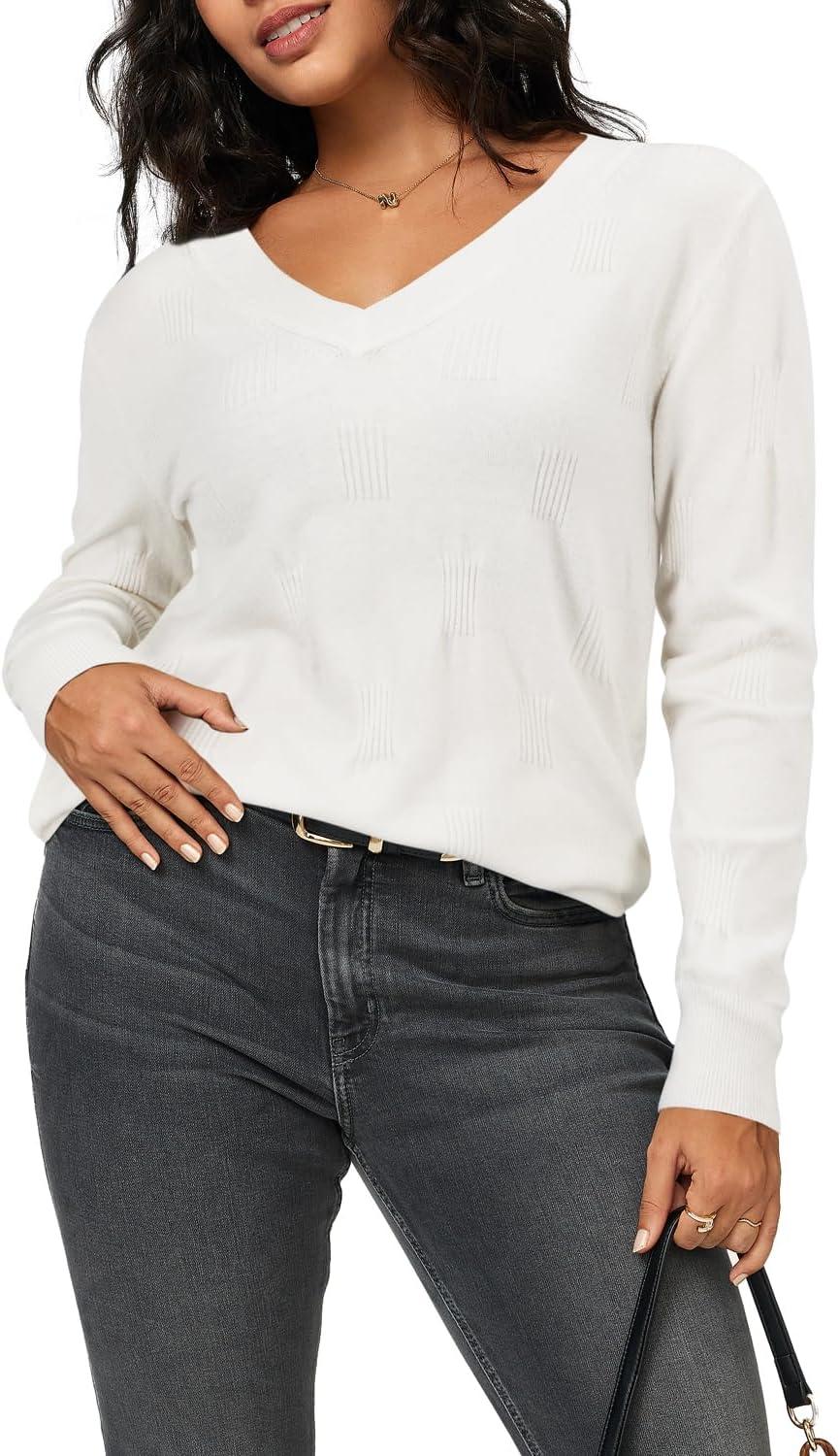 imageArachampampCloz Womens Soft V Neck Long Sleeve Fall Casual Regular Fit Sweater TopsOffwhite