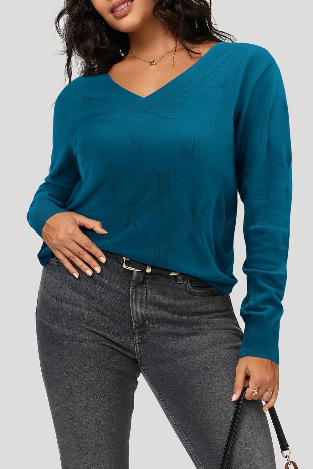 imageArachampampCloz Womens Soft V Neck Long Sleeve Fall Casual Regular Fit Sweater TopsPeacock Blue