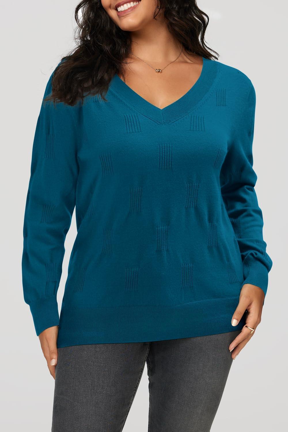 imageArachampampCloz Womens Soft V Neck Long Sleeve Fall Casual Regular Fit Sweater TopsPeacock Blue