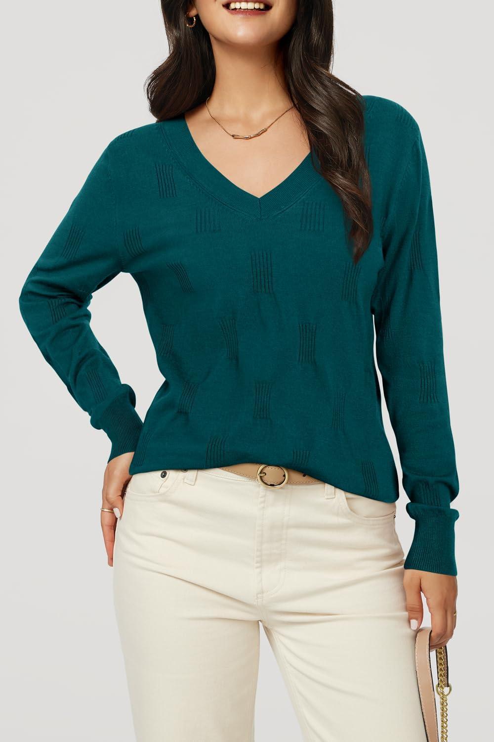 imageArachampampCloz Womens Soft V Neck Long Sleeve Fall Casual Regular Fit Sweater TopsPeacock Green 02