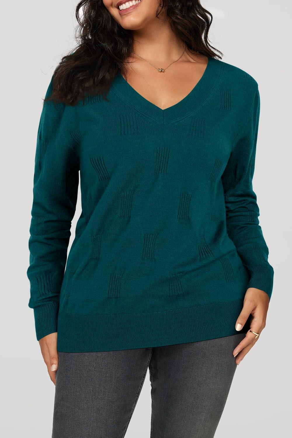 imageArachampampCloz Womens Soft V Neck Long Sleeve Fall Casual Regular Fit Sweater TopsPeacock Green 02