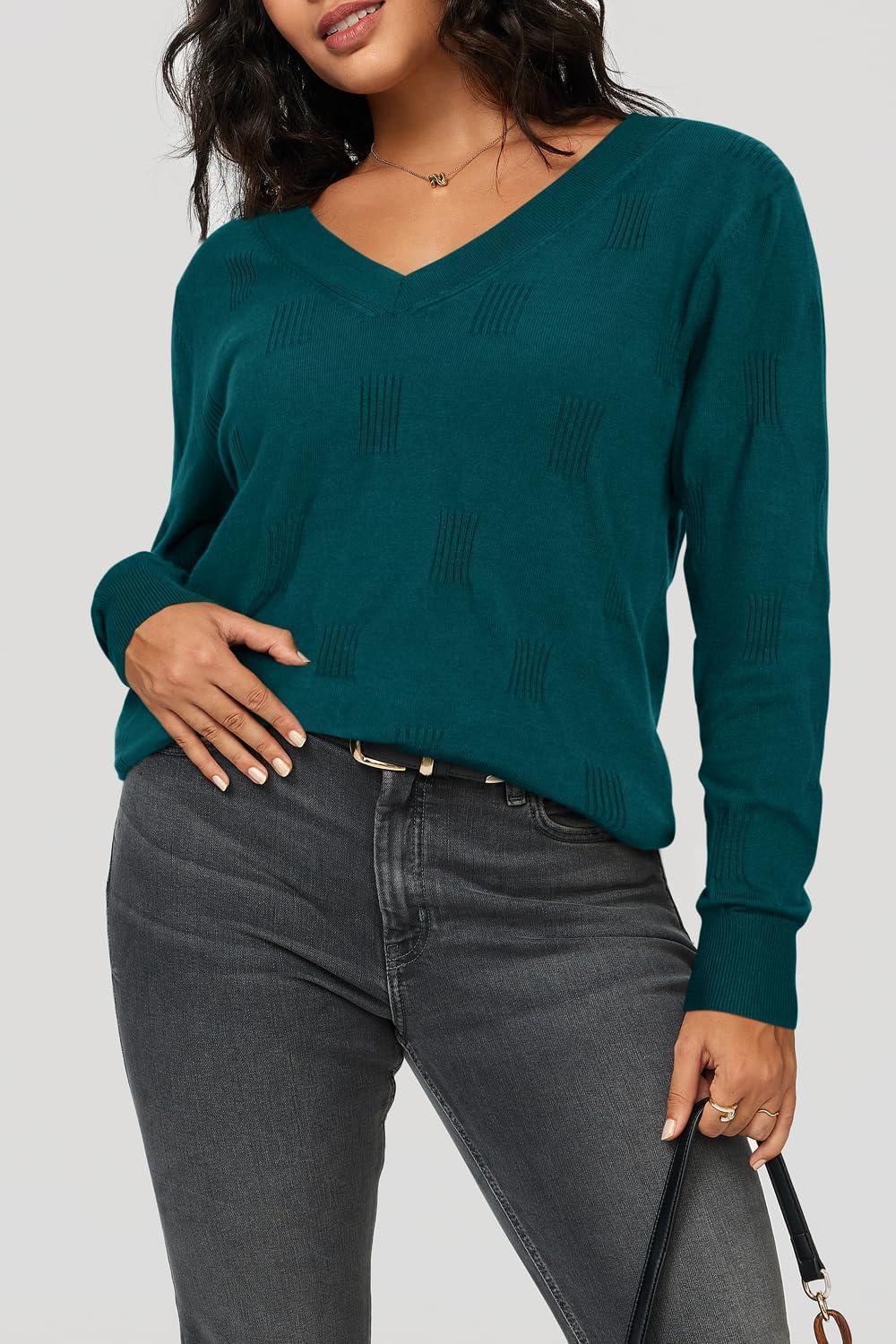 imageArachampampCloz Womens Soft V Neck Long Sleeve Fall Casual Regular Fit Sweater TopsPeacock Green 02