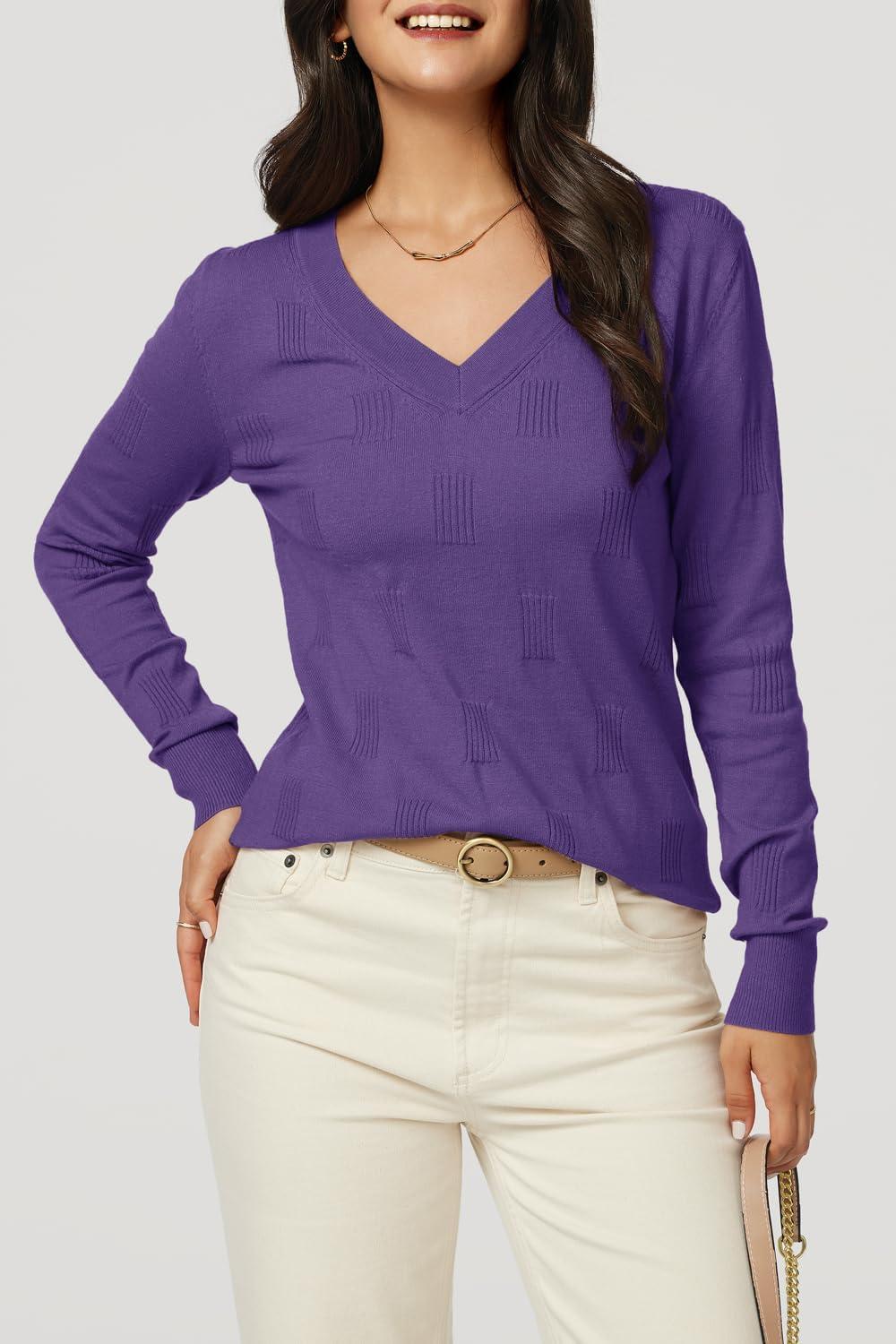 imageArachampampCloz Womens Soft V Neck Long Sleeve Fall Casual Regular Fit Sweater TopsPurple