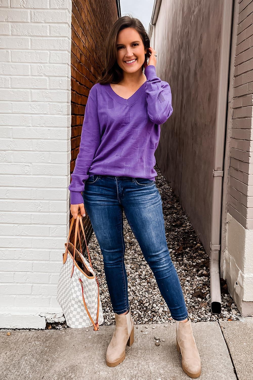 imageArachampampCloz Womens Soft V Neck Long Sleeve Fall Casual Regular Fit Sweater TopsPurple