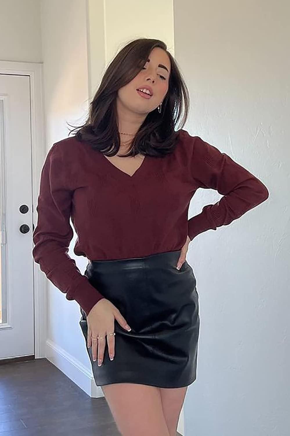 imageArachampampCloz Womens Soft V Neck Long Sleeve Fall Casual Regular Fit Sweater TopsPurplish Red