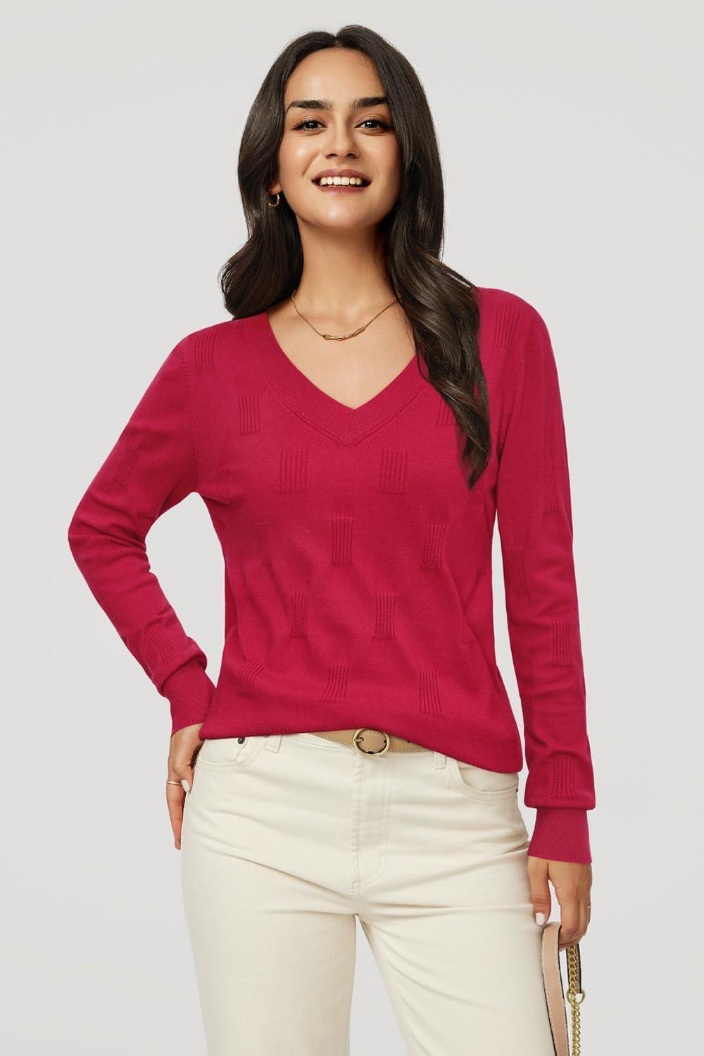 imageArachampampCloz Womens Soft V Neck Long Sleeve Fall Casual Regular Fit Sweater TopsRed