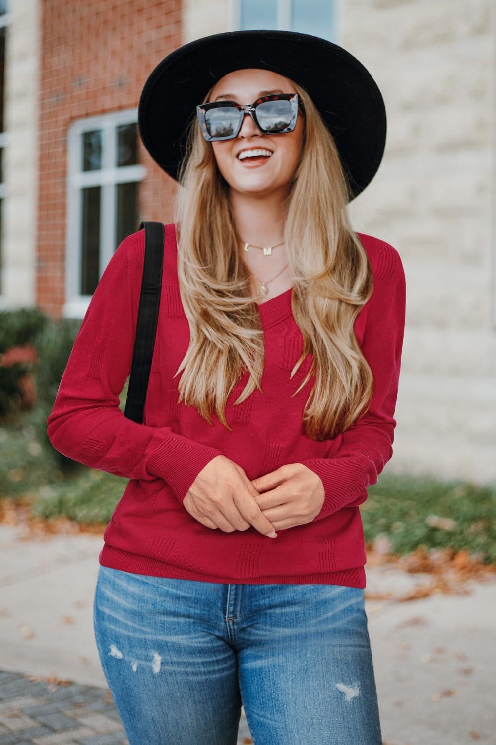 imageArachampampCloz Womens Soft V Neck Long Sleeve Fall Casual Regular Fit Sweater TopsRed