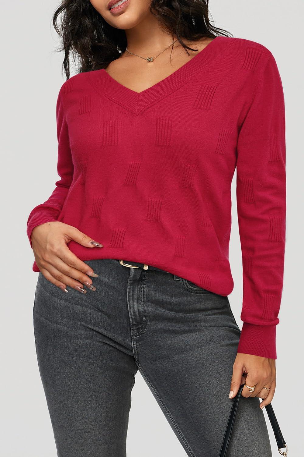 imageArachampampCloz Womens Soft V Neck Long Sleeve Fall Casual Regular Fit Sweater TopsRed