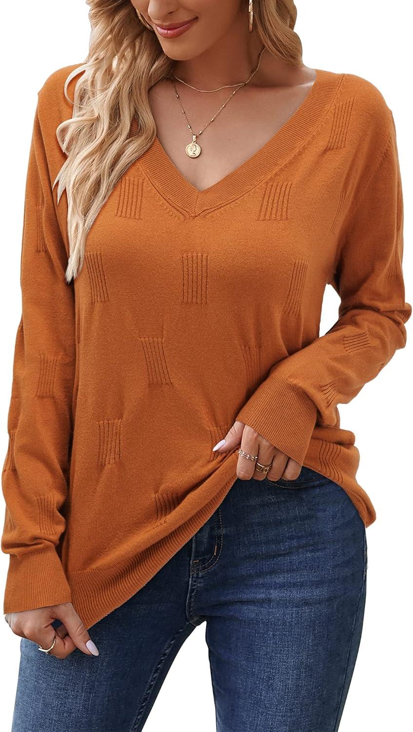 imageArachampampCloz Womens Soft V Neck Long Sleeve Fall Casual Regular Fit Sweater TopsRed Caramel