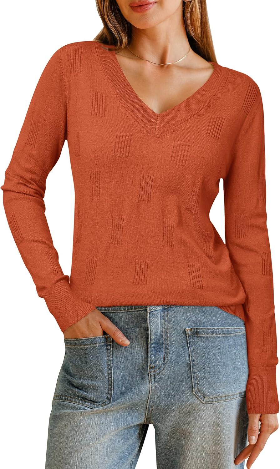 imageArachampampCloz Womens Soft V Neck Long Sleeve Fall Casual Regular Fit Sweater TopsRust