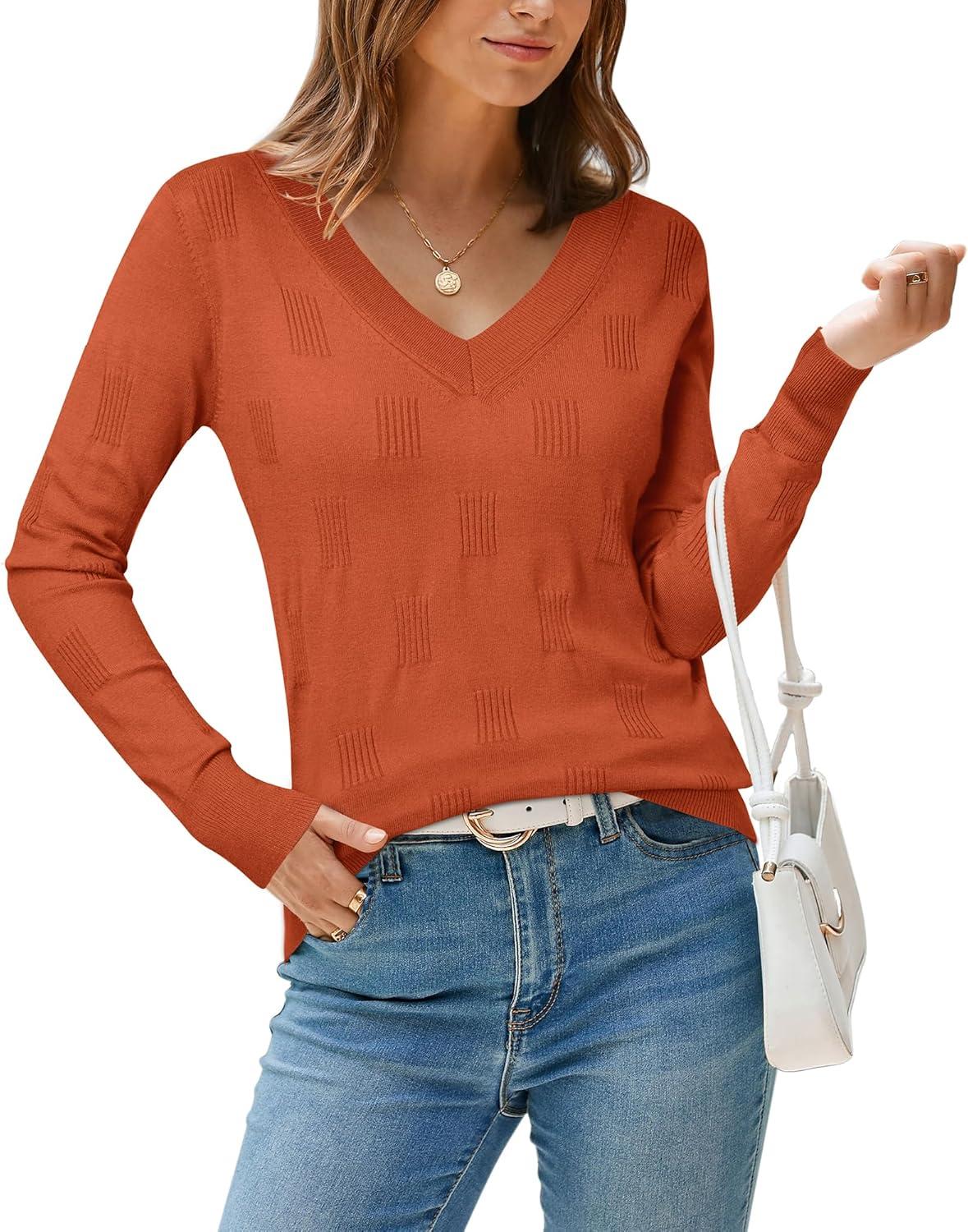 imageArachampampCloz Womens Soft V Neck Long Sleeve Fall Casual Regular Fit Sweater TopsRust