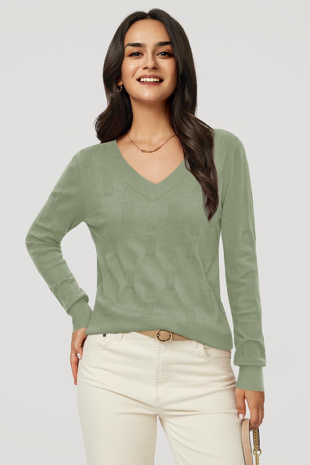 imageArachampampCloz Womens Soft V Neck Long Sleeve Fall Casual Regular Fit Sweater TopsSage Green