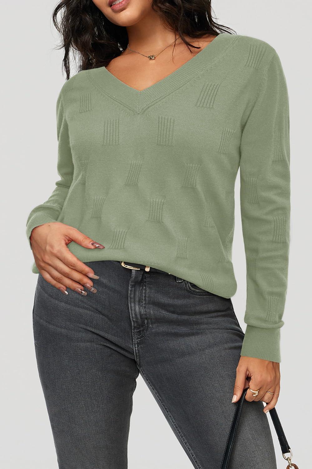 imageArachampampCloz Womens Soft V Neck Long Sleeve Fall Casual Regular Fit Sweater TopsSage Green