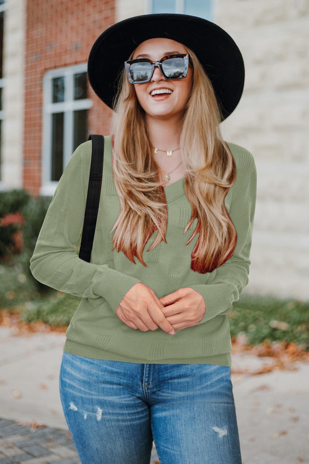 imageArachampampCloz Womens Soft V Neck Long Sleeve Fall Casual Regular Fit Sweater TopsSage Green