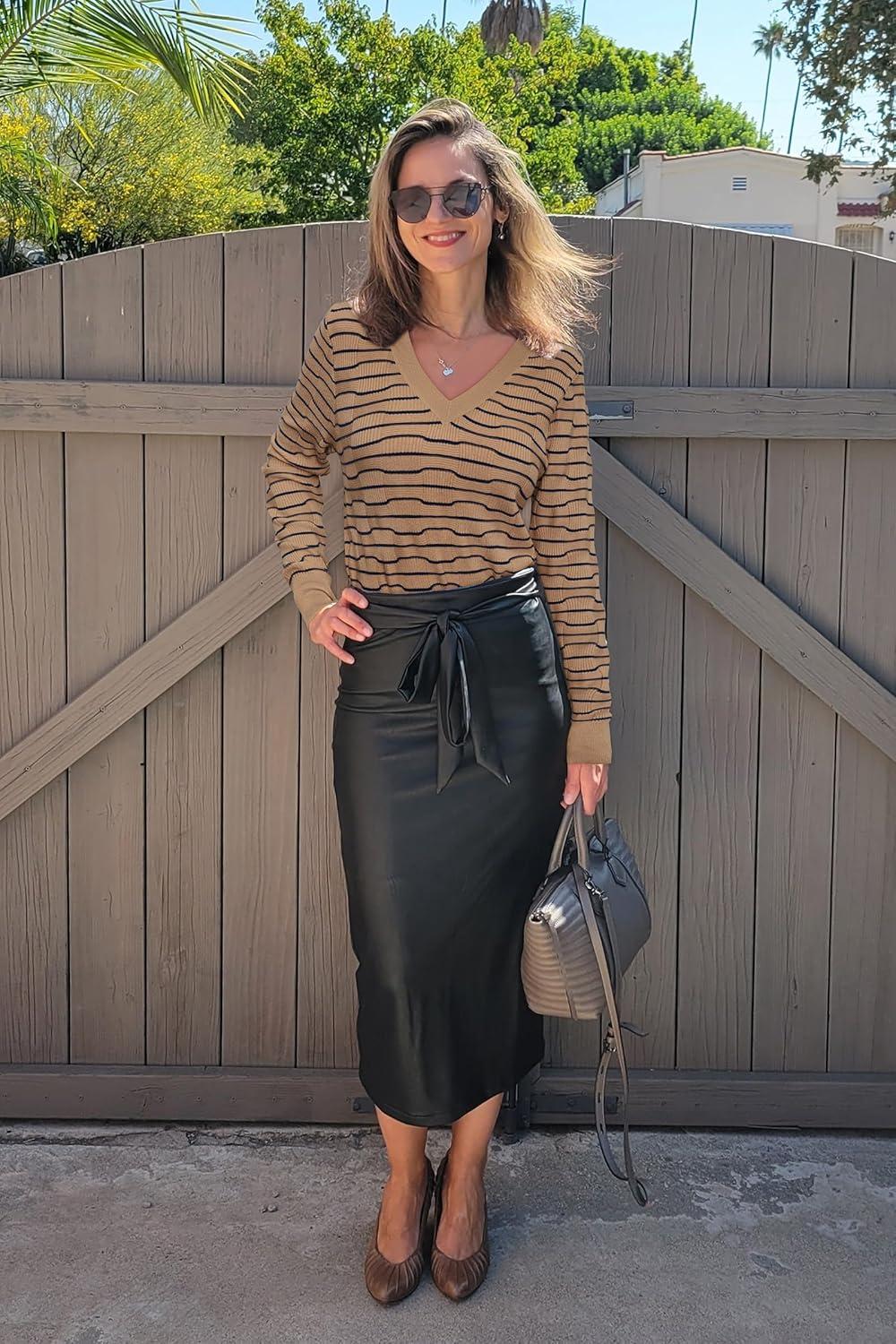 imageArachampampCloz Womens Soft V Neck Long Sleeve Fall Casual Regular Fit Sweater TopsStriped Camel Navy