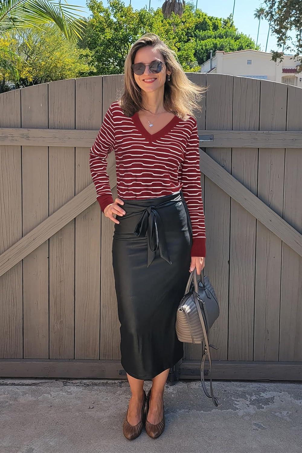 imageArachampampCloz Womens Soft V Neck Long Sleeve Fall Casual Regular Fit Sweater TopsStriped Dark Red White