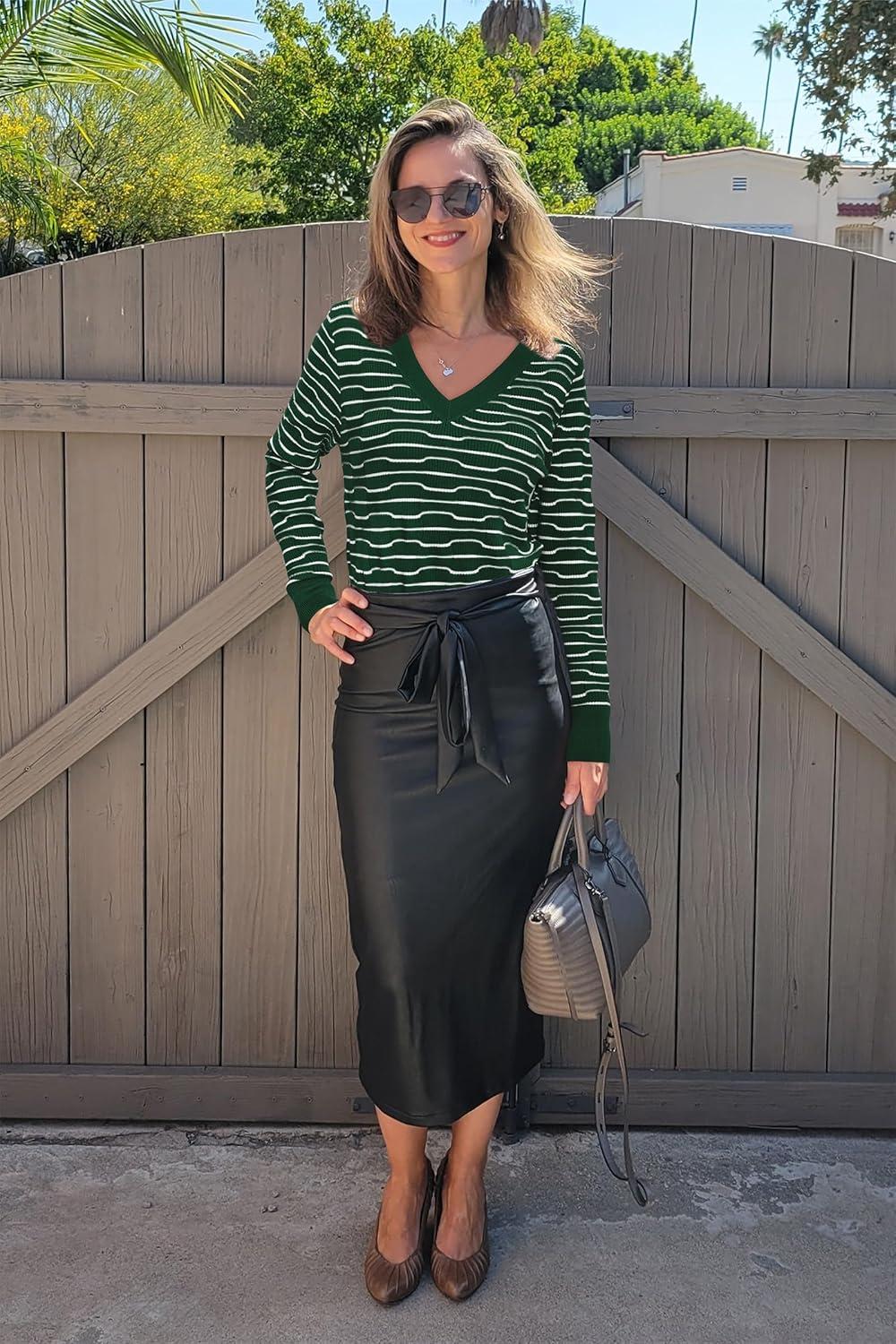 imageArachampampCloz Womens Soft V Neck Long Sleeve Fall Casual Regular Fit Sweater TopsStriped Green White