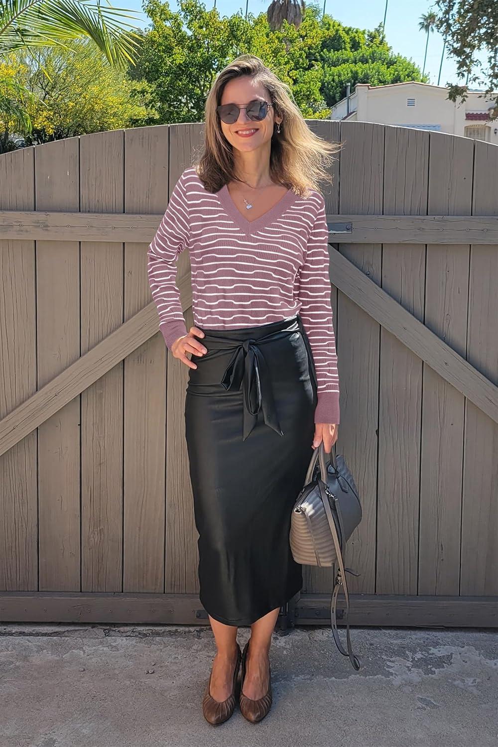 imageArachampampCloz Womens Soft V Neck Long Sleeve Fall Casual Regular Fit Sweater TopsStriped Grey Purple White